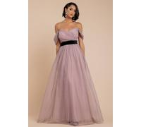 Goddiva Dobby Mesh Off The Shoulder Princess Maxi Dress In Light Beige Light Beige 18