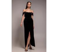 Goddiva Draped Shoulder Velvet Corset Maxi Dress - Black by Goddiva - Black - 14