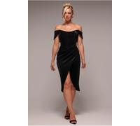 Goddiva Draped Shoulder Velvet Corset Midi Dress - Black by Goddiva - Black - 14