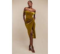 Goddiva Draped Shoulder Velvet Corset Midi Dress - Olive Green by Goddiva - Olive - 10