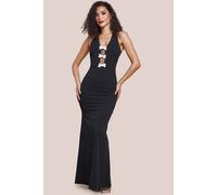 Goddiva Embellished Diamante Bow Mermaid Halter Neck Maxi Dress In Black Black 8