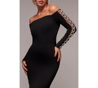 Goddiva Embellished Diamante Sleeve Bardot Maxi Dress - Black by Goddiva - Black - 18