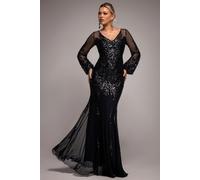 Goddiva Embellished Sequin Bishop Sleeve Maxi Dress - Black by Goddiva - Black - 14