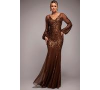 Goddiva Embellished Sequin Bishop Sleeve Maxi Dress - Bronze by Goddiva - Bronze - 12