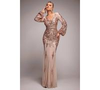 Goddiva Embellished Sequin Bishop Sleeve Maxi Dress In Gold Gold