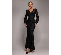 Goddiva Embroidered Lace Scalloped Edge Maxi Dress - Black by Goddiva - Black - 16