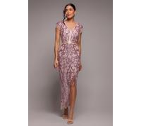 Goddiva Embroidered Sequin Tassel Front Split Midaxi Dress - Blush Pink by Goddiva - Blush Pink - 16