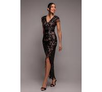 Goddiva Embroidered Sequin Tassel Front Split Midaxi Dress In Black Black