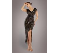 Goddiva Embroidered Sequin Tassel Front Split Midaxi Dress In Black Black 6