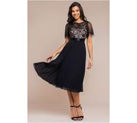Goddiva Embroidered Top Chiffon Pleated Midi In Black Black