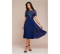 Goddiva Embroidered Top Chiffon Pleated Midi In Navy Navy 8