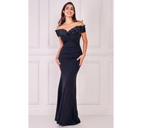 Goddiva Fan Pleated Bardot Scuba Crepe Maxi Dress In Black Black 6