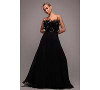 Goddiva Feather Off The Shoulder Pleated Evening Maxi Dress In Black Black