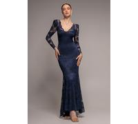 Goddiva Fit & Flare Scallop Lace V Neck Maxi Dress - Navy Blue by Goddiva - Navy - 16