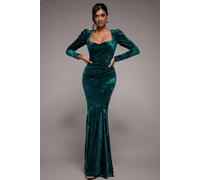 Goddiva Flared Hem Ice Velvet Maxi In Emerald Emerald 16