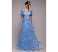 Goddiva Flared Sleeve Embroidered Maxi Dress - Cornflower Blue by Goddiva - Cornflower Blue - 10