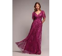 Goddiva Flared Sleeve Embroidered Maxi Dress - Magenta by Goddiva - Magenta - 8