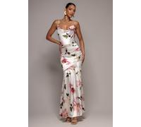 Goddiva Floral Print Satin Cowl Neck Maxi Dress - Cream by Goddiva - Cream - 14