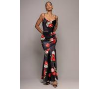 Goddiva Floral Print Satin Cowl Neck Maxi Dress In Black Black