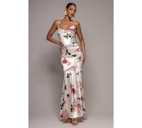 Goddiva Floral Print Satin Cowl Neck Maxi Dress In Cream Cream