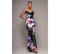 Goddiva Floral Print Satin Cowl Neck Maxi Dress In Emerald Emerald