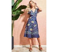 Goddiva Floral Print Wrap Midi With Flutter Sleeves In Navy Navy