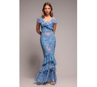 Goddiva Floral Printed Chiffon Ruffle Maxi - Blue by Goddiva - Blue - 8
