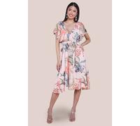 Goddiva Floral Printed Flutter Sleeve Chiffon Midi Dress In Off White Off White 10