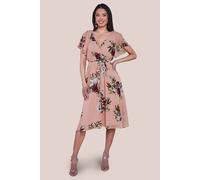 Goddiva Floral Printed Flutter Sleeve Chiffon Midi Dress In Peach Peach 10