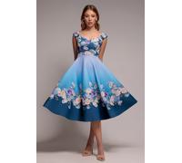 Goddiva Floral Printed Scuba Foam Skater Dress - Blue by Goddiva - Blue - 12