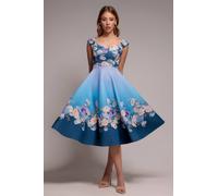 Goddiva Floral Printed Scuba Foam Skater Dress In Blue Blue 8
