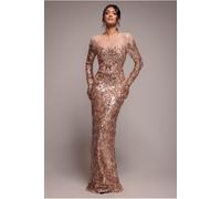Goddiva Floral Sequin Mesh Maxi - Champagne by Goddiva - Champagne - 10