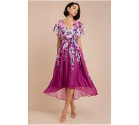 Goddiva Flutter Sleeve A-Line Chiffon Floral Printed Midi Dress - Magenta by Goddiva - Magenta - 12