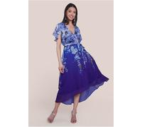 Goddiva Flutter Sleeve A-Line Chiffon Floral Printed Midi Dress - Royal Blue by Goddiva - Royal Blue - 14