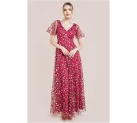 Goddiva Flutter Sleeve Floral Embroidered Maxi - Burgundy by Goddiva - Burgundy - 8