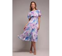 Goddiva Flutter Sleeve Pleated Skirt Floral Midi Dress - Blue by Goddiva - Blue - 8