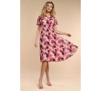 Goddiva Flutter Sleeve Pleated Skirt Floral Midi Dress In Pink Pink 18