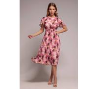 Goddiva Flutter Sleeve Pleated Skirt Floral Midi Dress In Pink Pink
