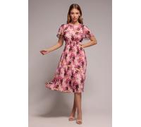 Goddiva Flutter Sleeve Pleated Skirt Floral Midi Dress - Pink by Goddiva - Pink - 14