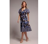 Goddiva Flutter Sleeve Printed Midi Dress - Navy Print by Goddiva - Navy Print - 12