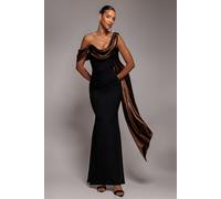 Goddiva Foil Chiffon Cowl One Shoulder Cape Maxi Dress - Black Bronze by Goddiva - Blackbronze - 18