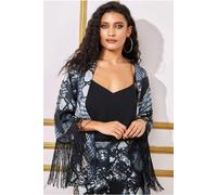 Goddiva Foil Print Kimono With Tassels - Black by Goddiva - Black - 14