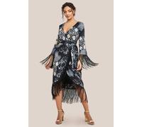 Goddiva Foil Print Wrap Midi With Tassels - Black by Goddiva - Black - 8