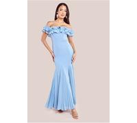 Goddiva Frilled Off The Shoulder Pleated Chiffon Maxi Dress - Dusky Blue by Goddiva - Dusky Blue - 18