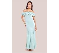 Goddiva Frilled Off The Shoulder Pleated Chiffon Maxi Dress - Sage Green by Goddiva - Sage Green - 16