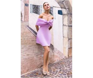 Goddiva Front Bow Off The Shoulder Mini Dress - Lilac by Goddiva - Lilac - 18
