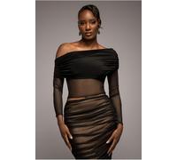 Goddiva Gathered Bardot Asymmetric Mesh Panel Top - Black by Goddiva - Black - 16