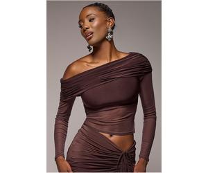 Goddiva Gathered Bardot Asymmetric Mesh Panel Top - Brown by Goddiva - Brown - 14
