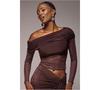 Goddiva Gathered Bardot Asymmetric Mesh Panel Top - Brown by Goddiva - Brown - 16
