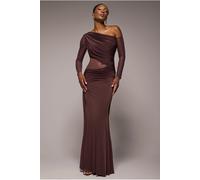 Goddiva Gathered Cowl Asymmetric Mesh And Soft Touch Maxi Dress - Brown by Goddiva - Brown - 12